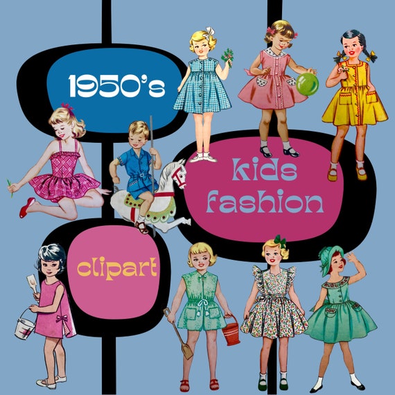 1950s Kids Fashion Clipart Bundle: Mid-century PNG Images (digital