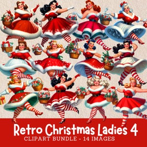 Retro kerst vrouwen clipartbundel vintage plus size dames kerst digitale afbeeldingen commercieel gebruik