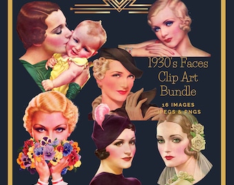 1930s Ladies Fashion Vintage Women Clipart Bundle vintage faces png
