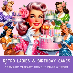 Retro Frauen mit Geburtstagskuchen Clipart Bundle 1950er Jahre Frauen halten Geburtstagskuchen Digitaler Download Kommerzielle Nutzung