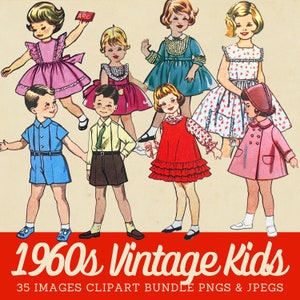 Op de afbeelding: Een verzameling illustraties met zeven kinderen in kleding in jaren 60-stijl, waaronder jurken, shorts en jassen, met de tekst 1960s Vintage Kids 35 IMAGES CLIPART BUNDLE PNGS & JPEGS onderaan op een rode achtergrond.