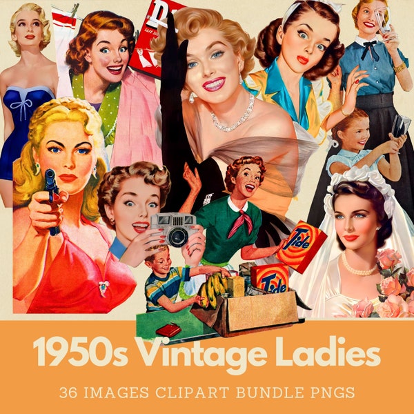 1950s Housewives Clipart Bundle 1950s Women Fussy Cuts 1950s Women PNG Vintage Midcentury Ladies Images