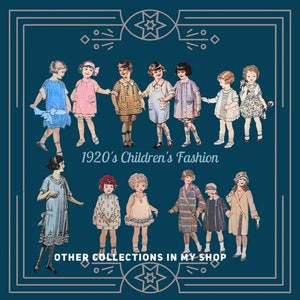 K&ouml;nnte beinhalten: Eine Sammlung von Illustrationen zur Kindermode der 1920er Jahre, die verschiedene Outfits wie Kleider, Shorts und M&auml;ntel auf dunkelblauem Grund zeigt, mit dem Text 1920's Children's Fashion und OTHER COLLECTIONS IN MY SHOP.