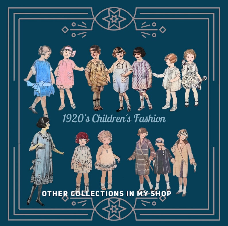 K&ouml;nnte beinhalten: Eine Sammlung von Illustrationen zur Kindermode der 1920er Jahre, die verschiedene Outfits wie Kleider, Shorts und M&auml;ntel auf dunkelblauem Grund zeigt, mit dem Text 1920's Children's Fashion und OTHER COLLECTIONS IN MY SHOP.
