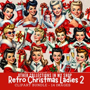 Retro Christmas Clipart, Retro Christmas women, 1950s Christmas Clipart, Midcentury Christmas digital images, 1950s women Christmas season, vintage Christmas card clipart