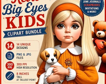 Vintage Children with Big Eyes Clip Art: 1960s-70s Style (Digital Download)