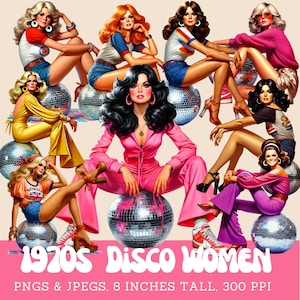 70s Disco Women Clipart Bundle: Retro Party Graphics (Commercial Use)