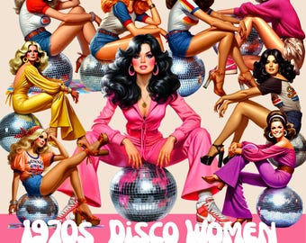 70s Disco Women Clipart Bundle: Retro Party Graphics (Commercial Use)