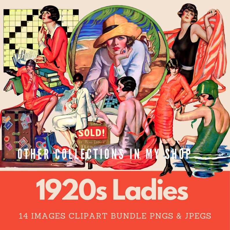 K&ouml;nnte beinhalten: Eine digitale Collage aus Illustrationen im Stil der 1920er Jahre mit Frauen in zeitgen&ouml;ssischer Kleidung, darunter Badeanz&uuml;ge und Kleider, mit dem Text OTHER COLLECTIONS IN MY SHOP, 1920s Ladies und 14 IMAGES CLIPART BUNDLE PNGS & JPEGS auf rotem Grund.