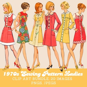 1970 年代の裁縫パターン クリップアート バンドル 70 年代のファッション クリップアート バンドル 70 年代の女性のレトロ ファッション クリップアート