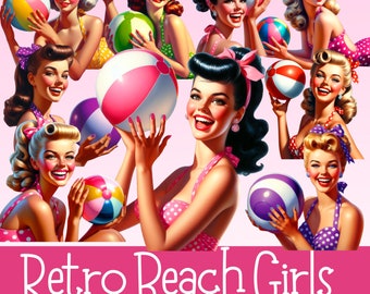 Retro Beach Girls Clipart Bundle 1950s Beach Swimsuit Girl Digital Image Download Commercial Use