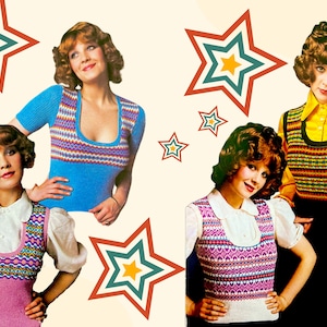 Retro 1970s Fair Isle Tank Top Knitting Patterns 4ply Yarn