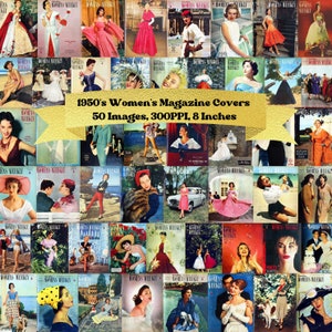 Copertine di riviste anni '50 Clipart, copertine di riviste femminili vintage per diari, album di ritagli e collage, effimere anni '50
