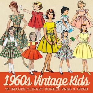 Op de afbeelding: Een digitale collectie illustraties met negen kinderen in diverse jurken en outfits in een stijl uit het midden van de eeuw. De tekst 1960s Vintage Kids 35 IMAGES CLIPART BUNDLE PNGS & JPEGS staat onderaan in het wit op een oranje achtergrond.