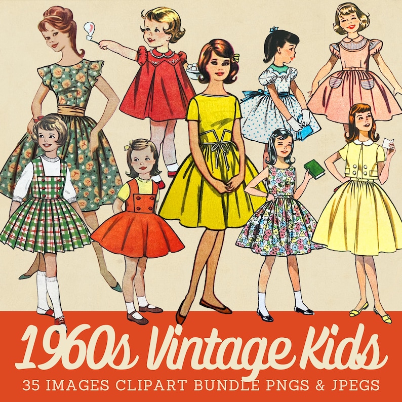Op de afbeelding: Een digitale collectie illustraties met negen kinderen in diverse jurken en outfits in een stijl uit het midden van de eeuw. De tekst 1960s Vintage Kids 35 IMAGES CLIPART BUNDLE PNGS & JPEGS staat onderaan in het wit op een oranje achtergrond.
