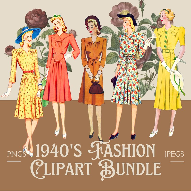 1940s Dresses Hats Clipart Bundle 1940s Women Fussy Cuts - Etsy