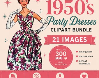 Modeclipart uit de jaren 1950: png-afbeeldingen dames uit het midden van de eeuw (digitale download)