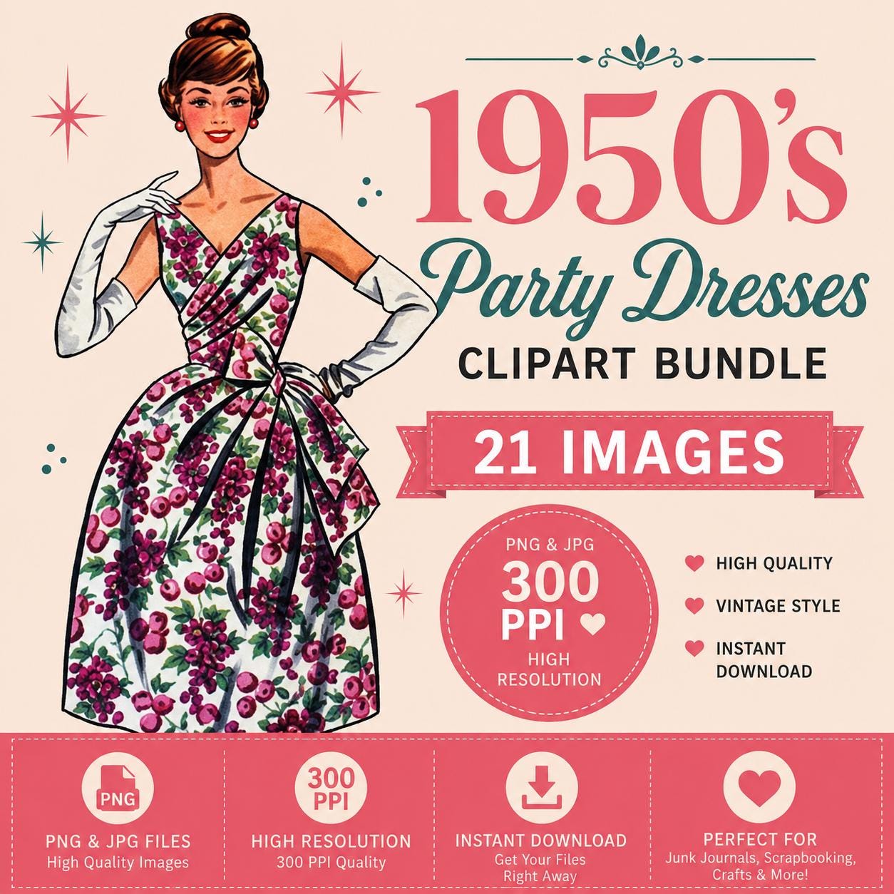 1950s Fashion Clipart: Mid-century Ladies PNG Images (digital