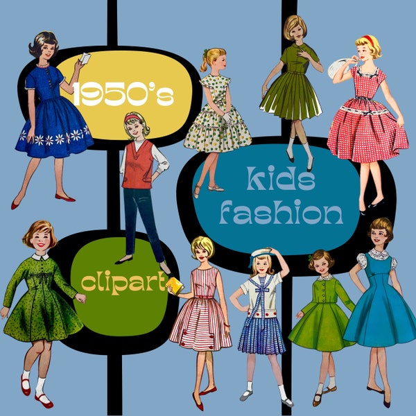 1950s Clipart Vintage Girls PNG Midcentury Fashion Clipart Bundle 1950s Fussy Cut