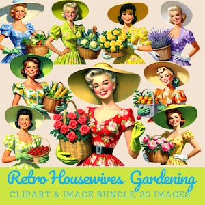 1950s Women with Flowers Clipart Bundle Vintage Housewife Garden Journal digital image download commercial use Retro Housewives Gardening