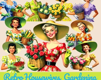 1950s Housewife Clipart: Vintage Women Gardening Images (Digital Download)