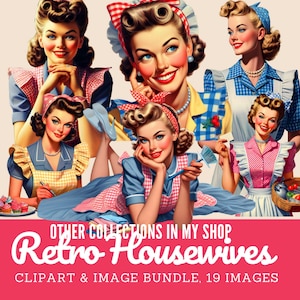 Retro housewives doing household chores, vintage housewife