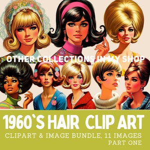 1960s women's hair styles clipart, vintage wig clip art bundle