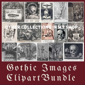 May include: A collage of 12 vintage gothic images featuring skulls, skeletons, and angels. The images are in black and white and have a distressed look. The text "Memento Mori" and "Other Collections in My Shop" are visible in the collage.