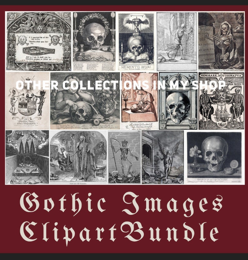 May include: A collage of 12 vintage gothic images featuring skulls, skeletons, and angels. The images are in black and white and have a distressed look. The text "Memento Mori" and "Other Collections in My Shop" are visible in the collage.