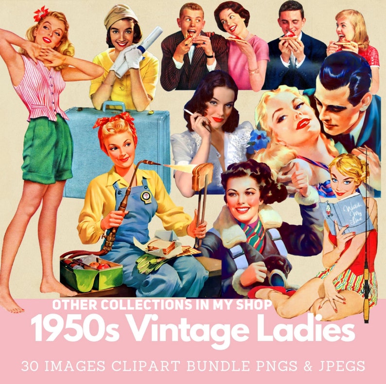 1950s women in every day life, working woman clipart, vintage midcentury women digital images
