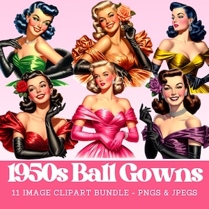 1950s Woman Ball Gown Clipart Bundle Vintage Prom Dress Digital Image Download Vintage Debutante