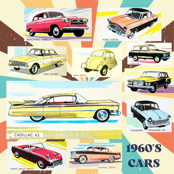 1960s classic car clipart bundle pngs - Cadillac, Ford Zodiac, Chrysler Valiant, BMW Isetta and more