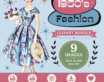 Könnte beinhalten: Ein digitales Clipart-Paket mit einer Frau in einem blauen Blumenkleid, die violette Tulpen und einen Strohhut hält. Der Text lautet 1950's Fashion, Clipart Bundle, 9 Images, JPEG & PNG, 300 PPI. Das Design enthält Sternmotive auf einem hellblauen Hintergrund.