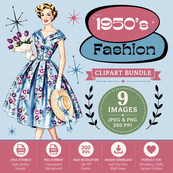 1950s Clipart Bundle Midcentury Fashion Retro Dress Png 1950s