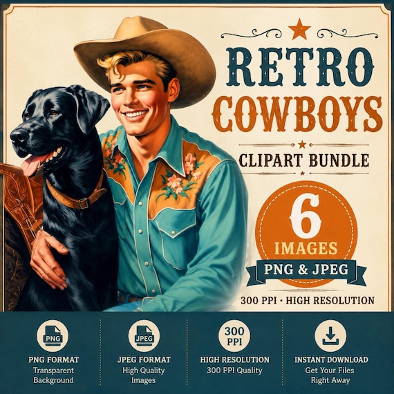 Vintage Cowboy Clipart: 1950s Retro Cowboy, Horse & Dog PNG (mini