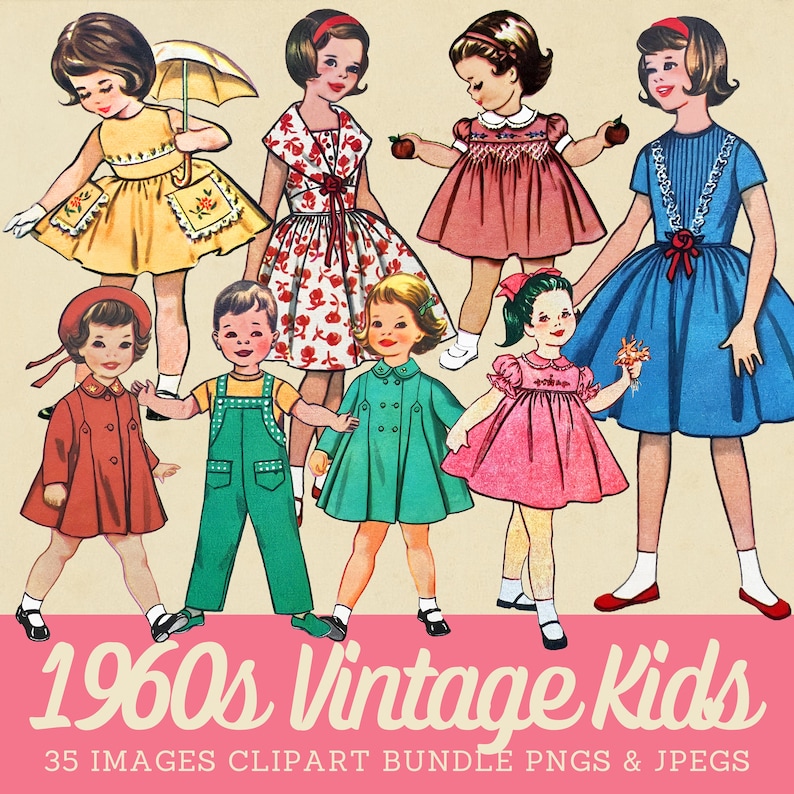 Op de afbeelding: Een verzameling van acht ge&iuml;llustreerde kinderen in kleding uit de jaren 60, waaronder jurken, tuinbroeken en jassen in diverse kleuren zoals geel, rood, blauw en groen. De tekst onderaan luidt 1960s Vintage Kids 35 IMAGES CLIPART BUNDLE PNGS & JPEGS.