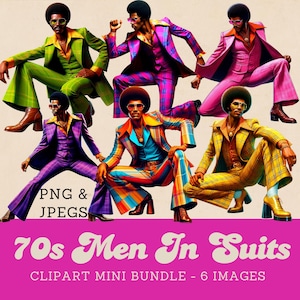 Paquete de imágenes prediseñadas de hombres negros de los años 70 con trajes elegantes. Paquete de imágenes prediseñadas de moda de hombres negros de los años 70. Hombres con trajes a cuadros, hombre de negocios retro PNG