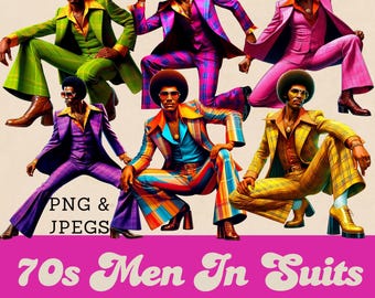 70s Groovy Black Men Clipart: Retro Fashion Suits (PNG, JPEG)