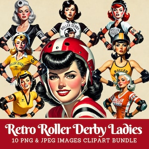Retro roller derby clip art bundel jaren 1950 roller derby vrouwen leuke vintage rolschaatser clipart digitale beelden commercieel gebruik retro vrouwen
