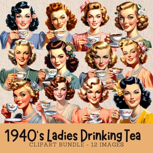 Bundle de cliparts pour femmes des années 40, femmes des années 40, coupes difficiles en téléchargement numérique, usage commercial, dames vintage et tasses à thé