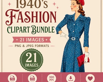 1940s Fashion Clipart Bundle: Vintage Damen PNG Bilder (Digitaler Download)