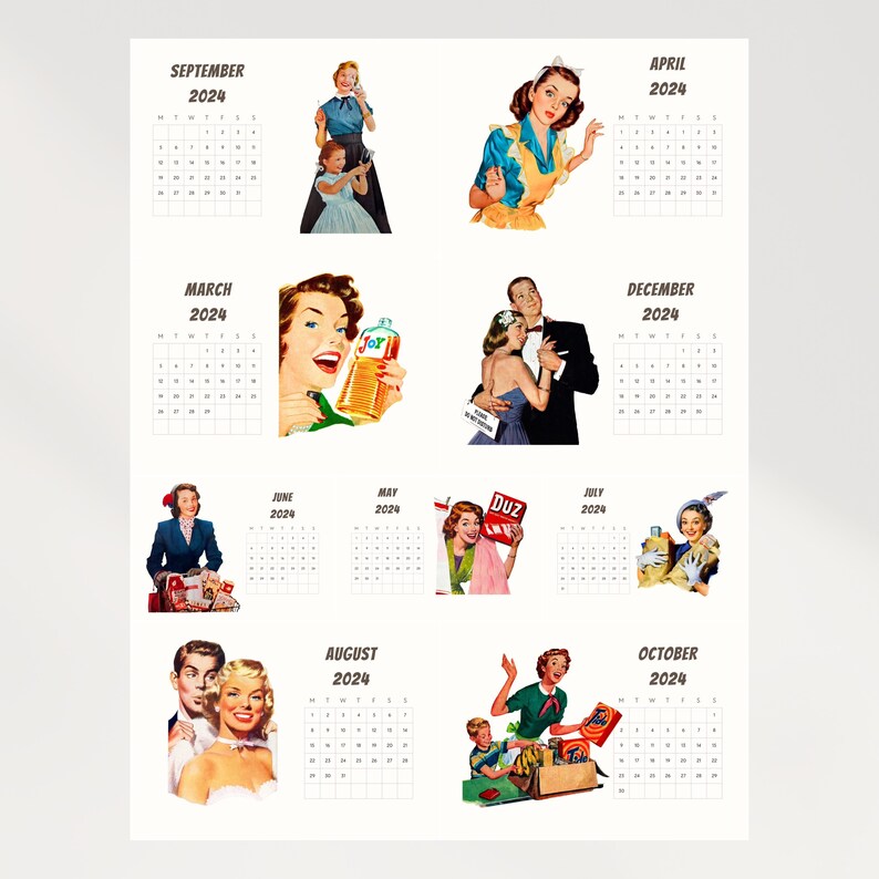 Retro Housewives Printable 2024 Calendar Vintage Wives Planner Digital