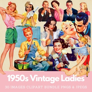 Pacchetto ClipArt di donne degli anni '50 Donne degli anni '50 Tagli esigenti Donne vintage degli anni '50 PNG Immagini di donne della metà del secolo vintage Clipart di donne vintage degli anni '50