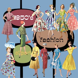 1950 年代のクリップアート バンドル ミッドセンチュリー ファッション レトロ ドレス png 1950 年代の女性のファジー カット デジタル画像