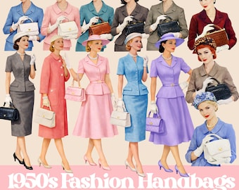 1950s Fashion Clipart: Mid-century Women & Handbags (digital