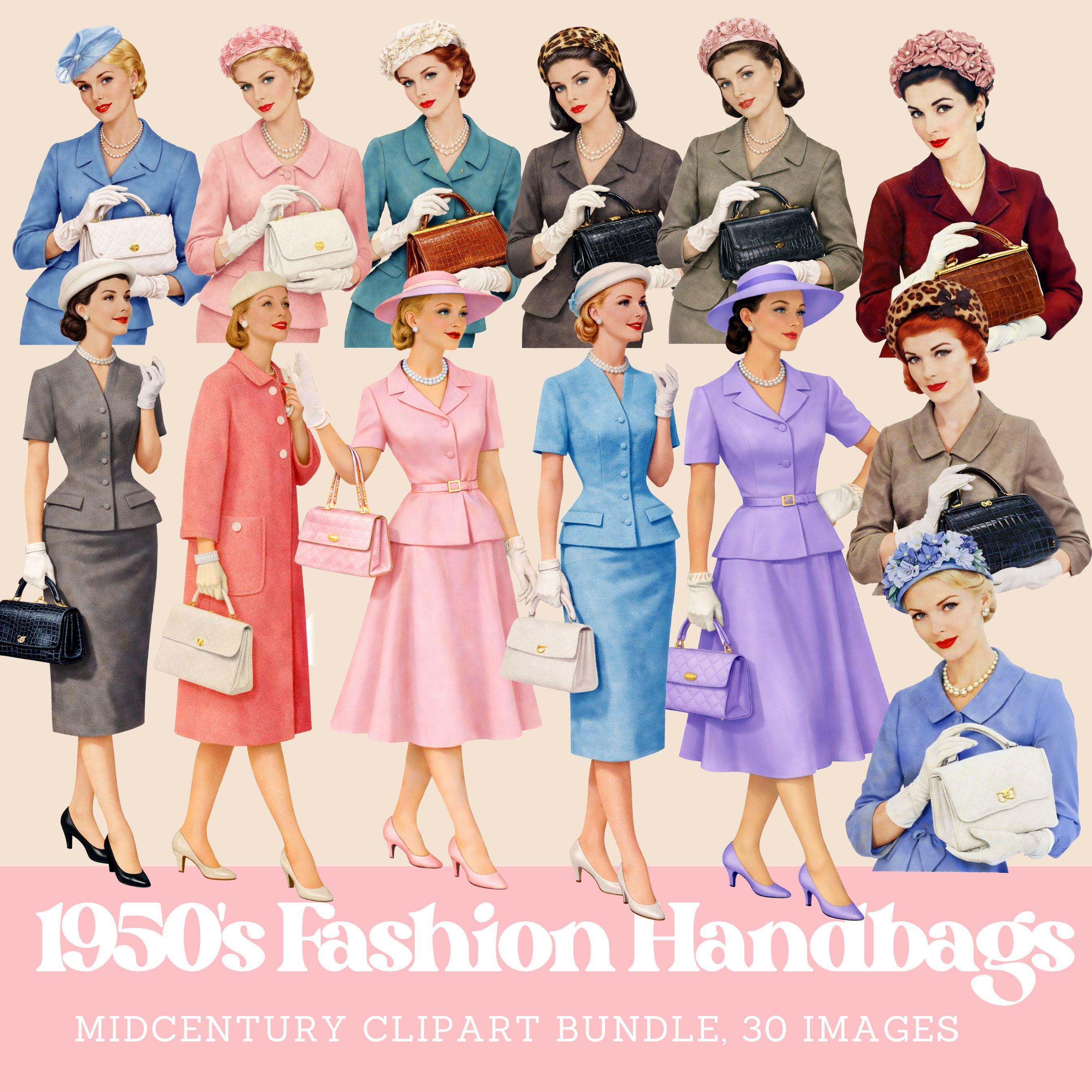 1950s Fashion Clipart: Mid-century Women & Handbags (digital