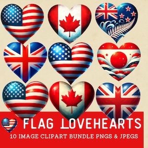 Bundle de cliparts coeur drapeau USA - drapeaux du Canada, du Japon, de la Grande-Bretagne et de la Nouvelle-Zélande - drapeau patriotique Loveheart Images numériques à usage Commercial