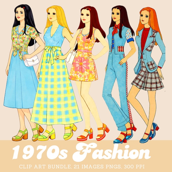 1970年代のファッションクリップアートバンドル：Groovy Teens PNG