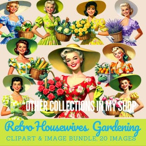 1950s ladies with basket of flowers digital image, midcentury women, retro housewife clipart, gardening housewives commercial use, 1950s women digital art
