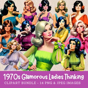 Pacchetto di clipart di donne glamour degli anni '70 che pensano, donne degli anni '70 con tagli elaborati, download digitale per uso commerciale, donne vintage in bellissimi abiti anni '70